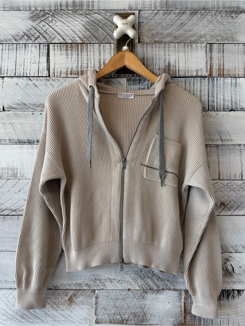 Brunello Cucinelli Taupe Ribbed Zip-Up Hoodie Sweater